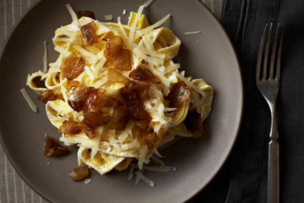 Pasta with yogurt & caramelized onions [Diane Kochilas]