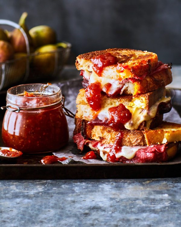 Pastrami and Gruyère toasties with chilli fig jam 
