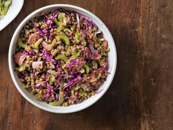 Pastrami and rye berry salad