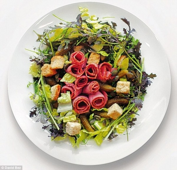 Pastrami, cornichons and croutons