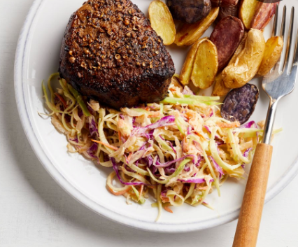 Pastrami-spiced beef with sauerkraut-broccoli slaw