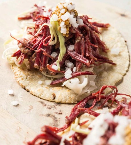 Pastrami tacos with mustard seed salsa