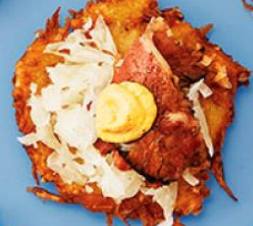 Pastrami topped latkes