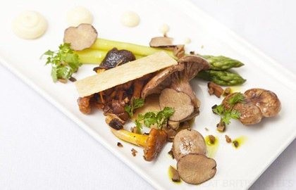 Pastry layers with wild mushrooms, Norfolk asparagus and blue cheese dressing