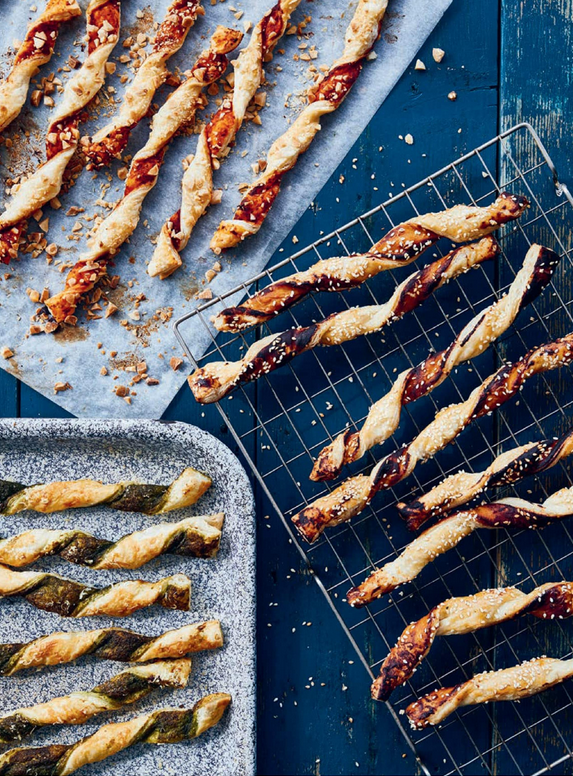 Pastry party straws: miso sesame, harissa almond, and cheesy pesto straws