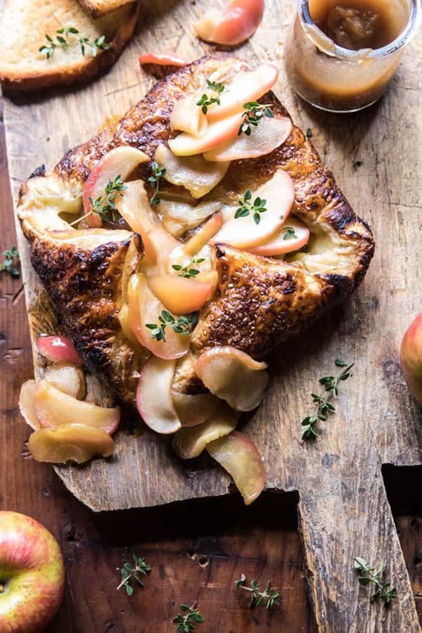 Pastry wrapped baked Brie with maple butter roasted apples