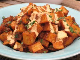 Patatas bravas home fries with roasted tomato aioli