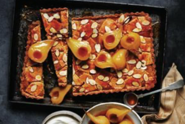 Patchwork whiskey-almond tart with honey-roasted pears