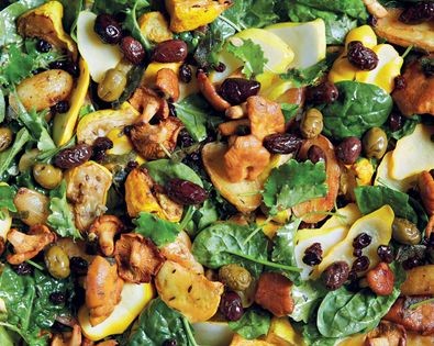 Patty-pan squash, roast olives and potatoes, girolles and sherry-vinegar currants