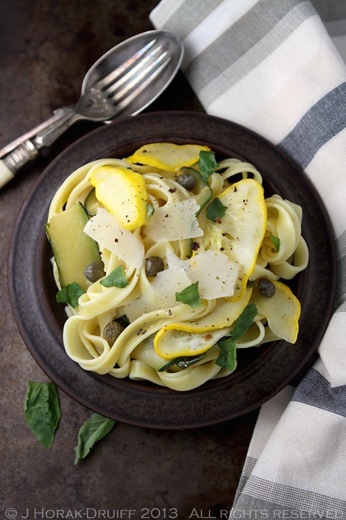 Pattypan squash pasta with capers, chilli and Parmesan
