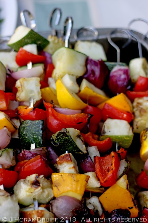 Pattypan, zucchini, halloumi & pepper kebabs on the braai / BBQ