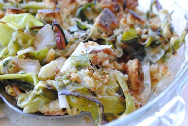 Paul Kahan’s creamy leek gratin with breadcrumbs and bacon