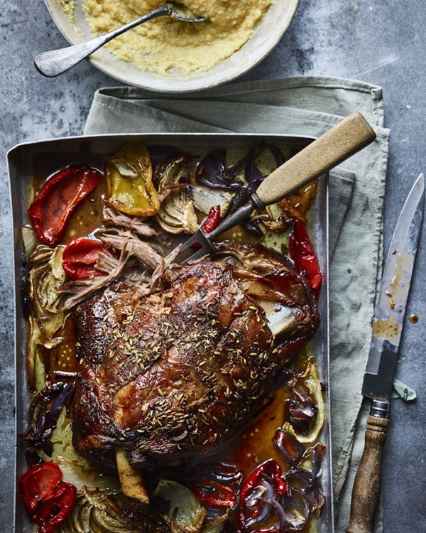 Paul Merrett's slow-roast shoulder of lamb with chargrilled vegetables and cheesy polenta