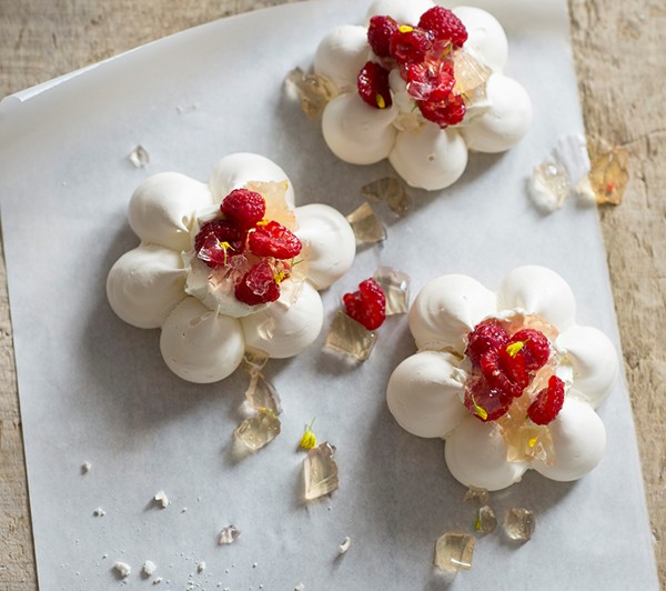 Pavlova 'flowers' with apple jelly, raspberries & vanilla labneh