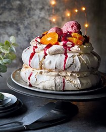 Pavlova with cranberry sauce and sorbet