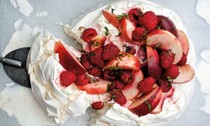 Pavlova with raspberries, peaches and lime mascarpone cream