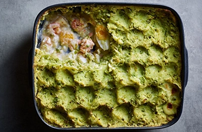 Pea & celeriac crusted fish pie