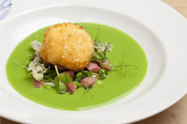 Pea & gammon salad with crispy eggs [Emily Watkins]