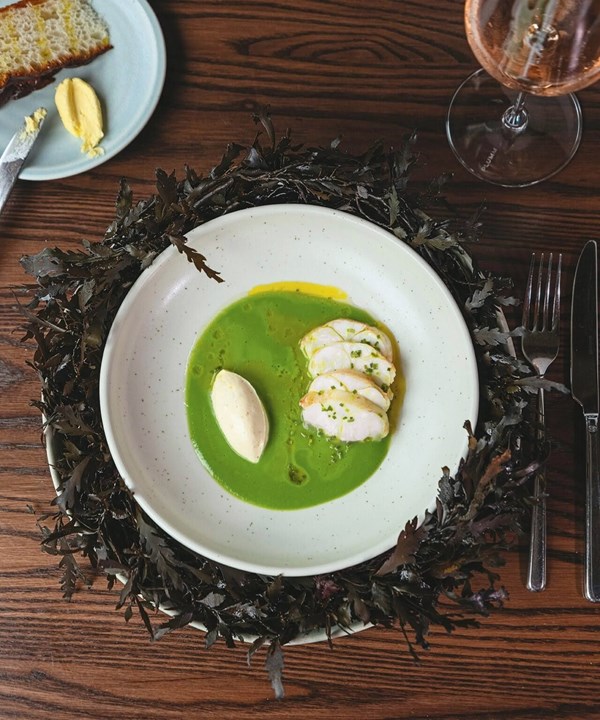 Pea & herb chilled soup with crayfish [Casey McDonald]
