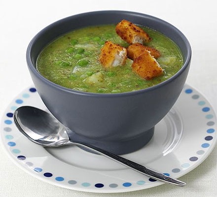 Pea & pesto soup with fish finger croutons