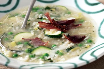 Pea & zucchini zuppa with crisp prosciutto