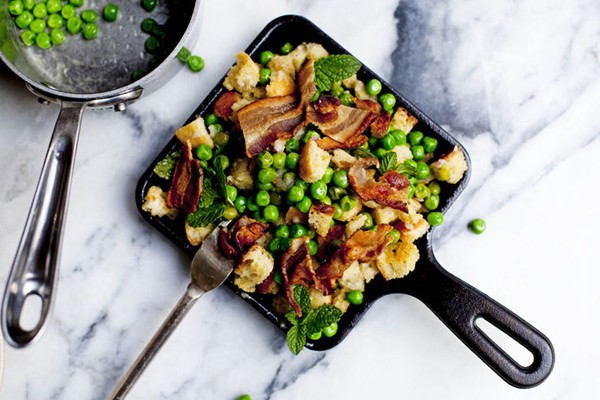 Pea and bacon panzanella with warm vinaigrette