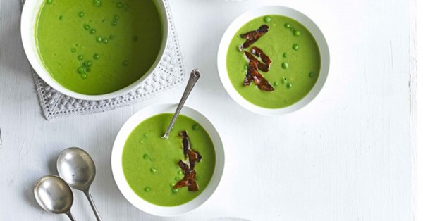 Pea and coriander soup with chorizo