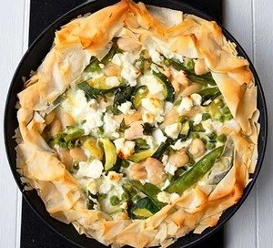 Pea and courgette filo tart