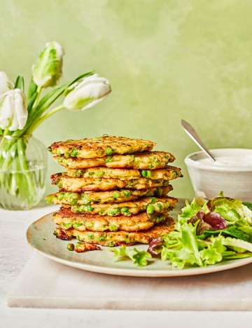 Pea and halloumi fritters with charred lemon dip