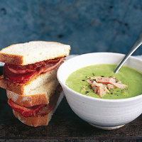 Pea and ham soup with bacon butties