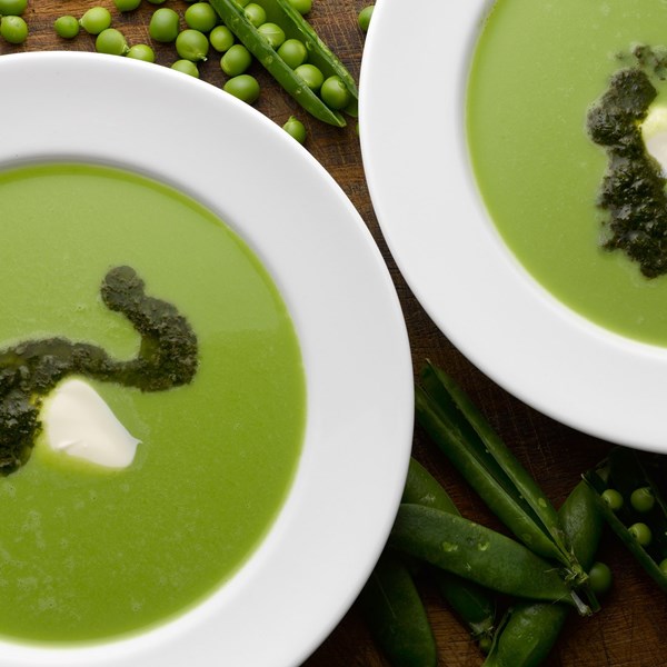 Pea and leek soup with basil oil 