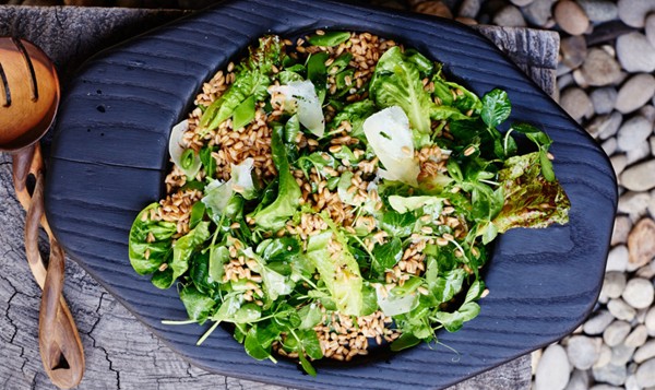 Pea and little gem salad with farro and pecorino