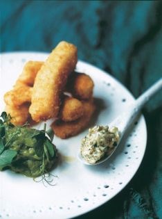 Pea and mint mushy peas with sole goujons