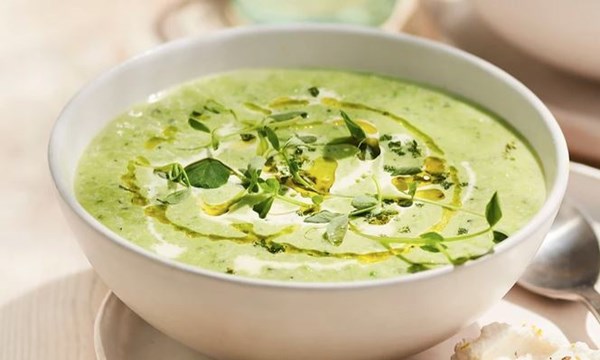 Pea and mint soup with ricotta and lemon crostini