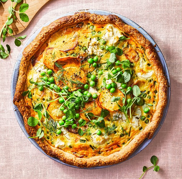 Pea and potato quiche with honey wheat crust