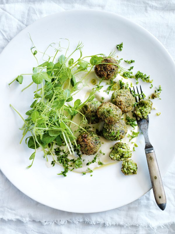 Pea and quinoa fritters with tahini dressing