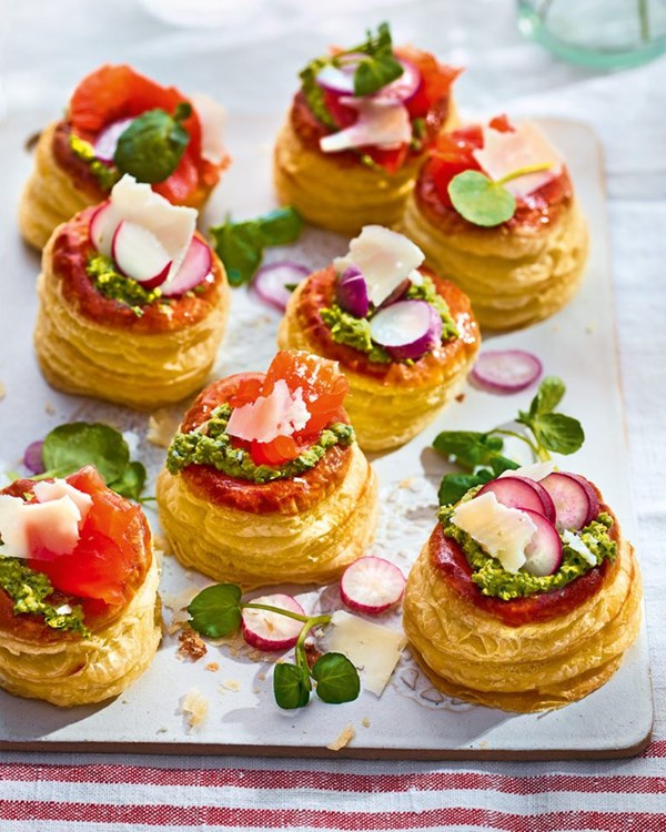 Pea and watercress vol au vents with radish or smoked trout