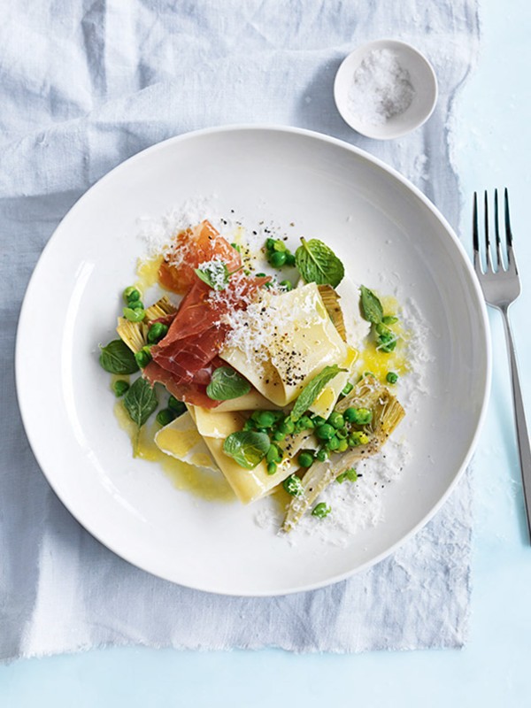 Pea, artichoke and prosciutto open lasagne