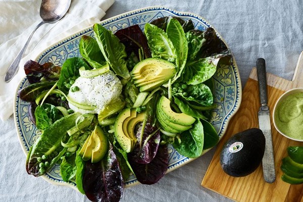 Pea, asparagus, and avocado salad with burrata 