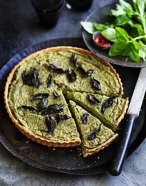 Pea, basil and eggplant vegan tart
