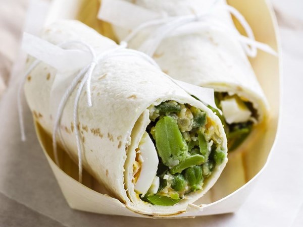 Pea, broad bean & egg smash roll-up