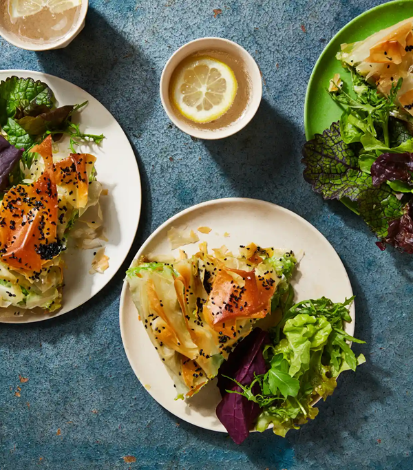 Pea, broad bean and caramelised onion filo pie