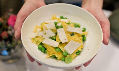 Pea, broad bean and goat's cheese pappardelle