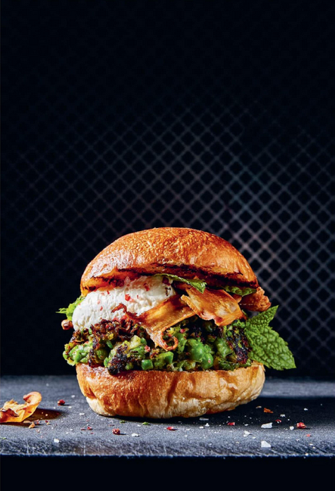 Pea burger with cream cheese mix and king oyster crisps