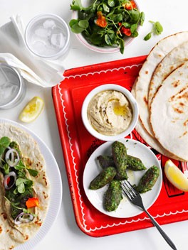 Pea falafel with hummus and flatbread