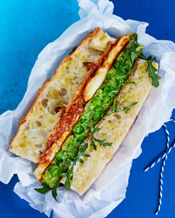 Pea fritter and halloumi focaccia with caper, raisin and tomato ketchup 