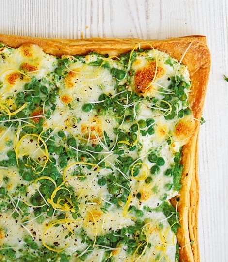 Pea, mozzarella and lemon tart
