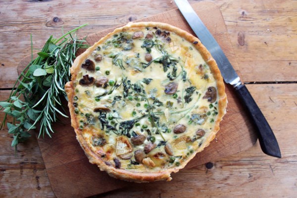 Pea, mushroom and watecress quiche with Cambozola