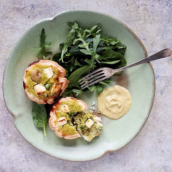 Pea, new potato and feta quiches