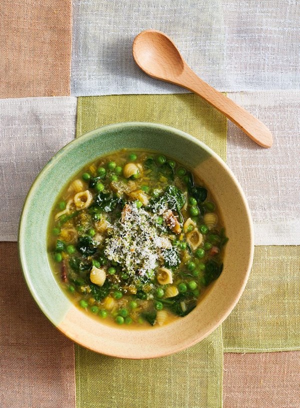 Pea, pancetta and pasta soup with mint and almond pesto (vegetarian)
